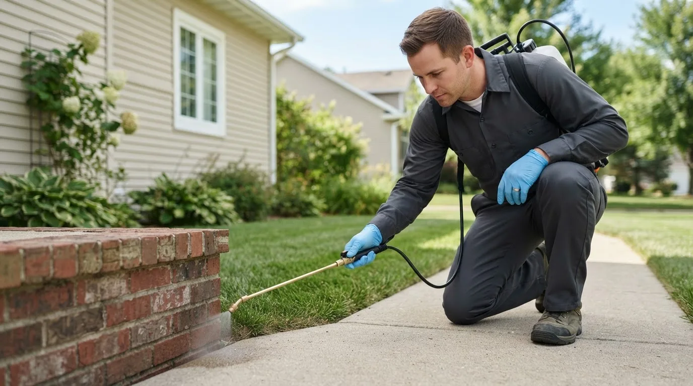 Pest control technician treating a home near North Greece, NY
