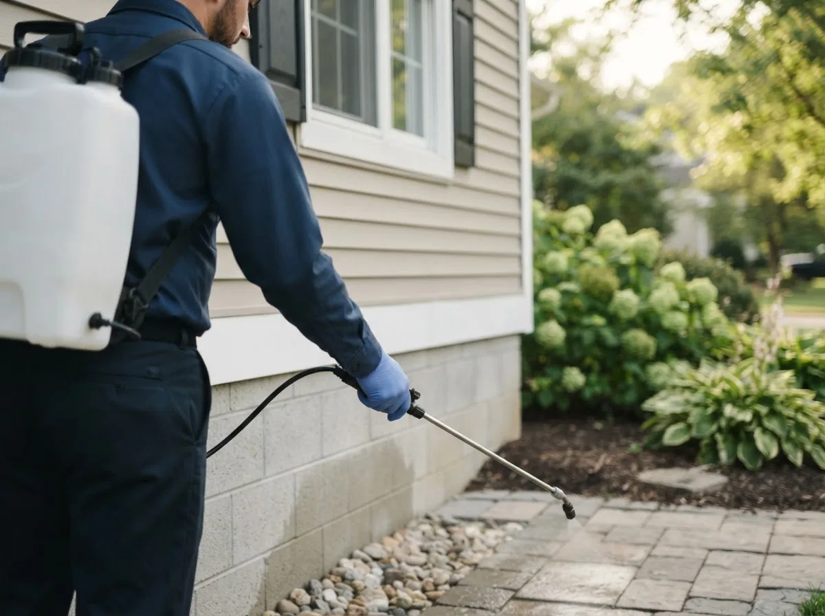 Pest control technician inspecting a home in North Greece, NY